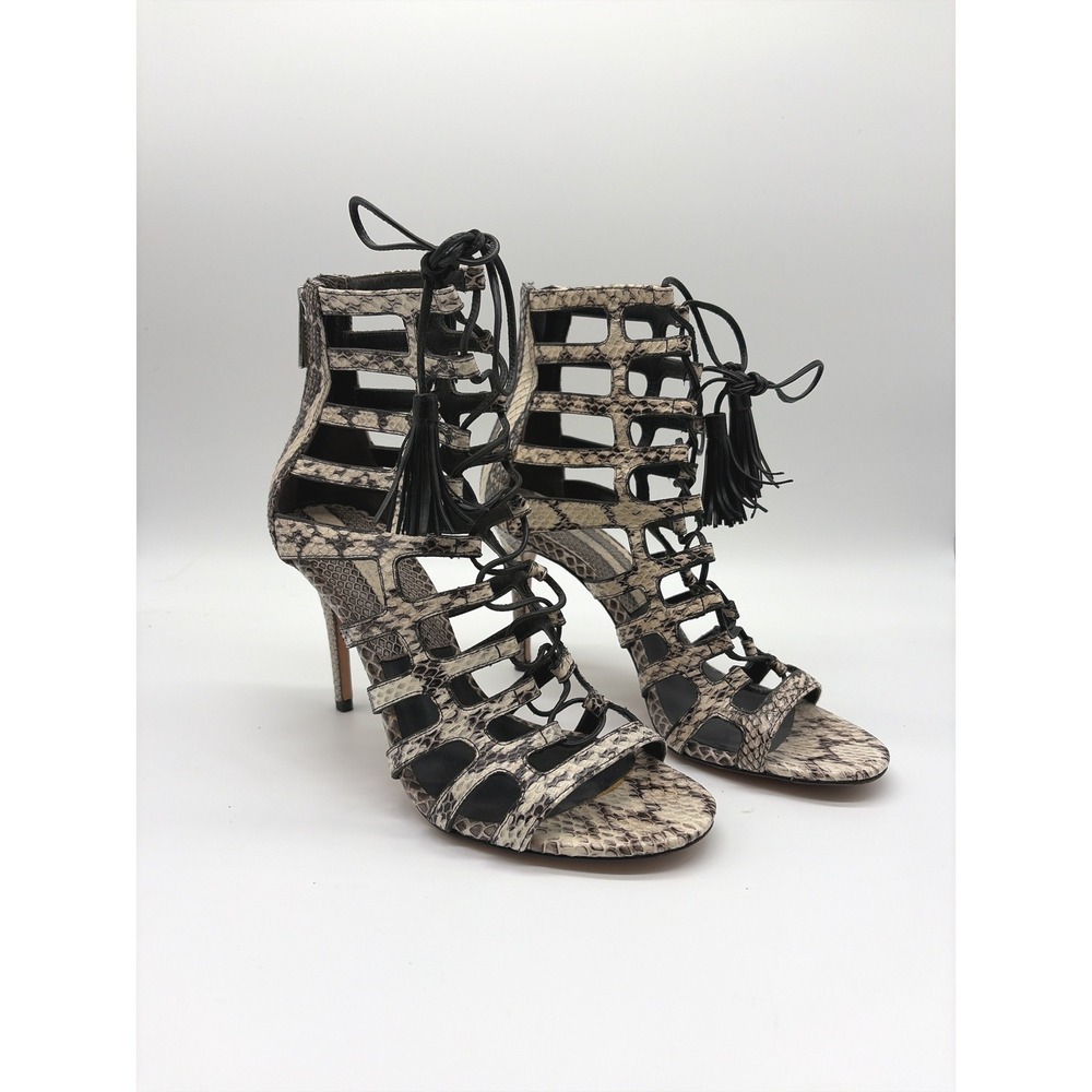 Michael Kors Collection Snakeskin Gladiator Tassel Sandals 38 Gray Black Python